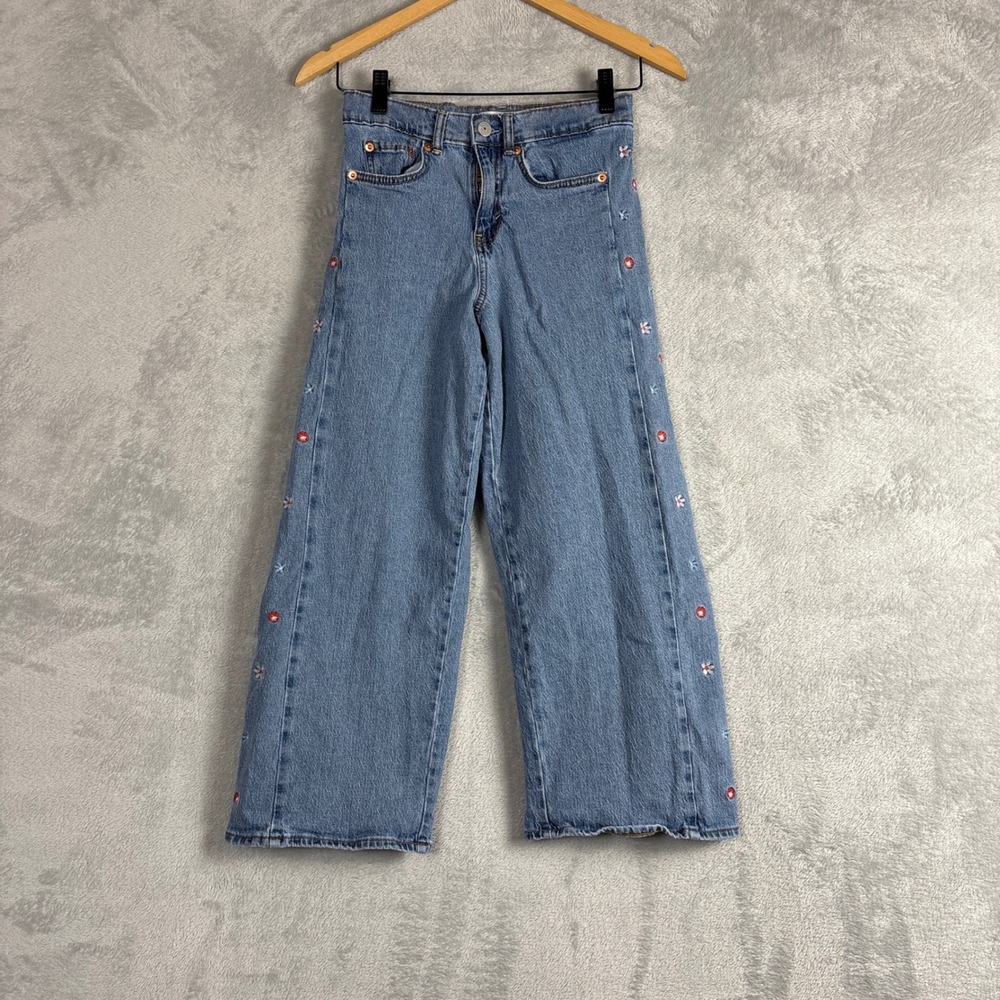 Levis Girls High Rise Wide Baggy Jeans Light Wash Floral Embroidered Size 10